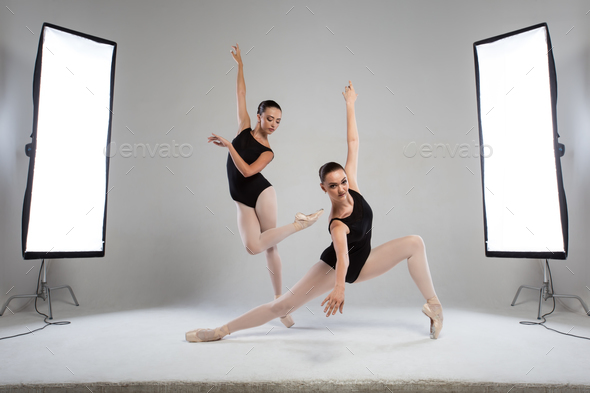 Backstage shooting two beautiful ballerinas in the studio